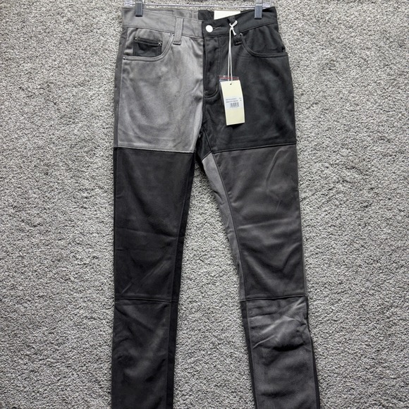 MNML Other - MNML Denim Button Fly Jeans Patchwork Suede Mens 28x34 Colorblock Black Gray NWT
